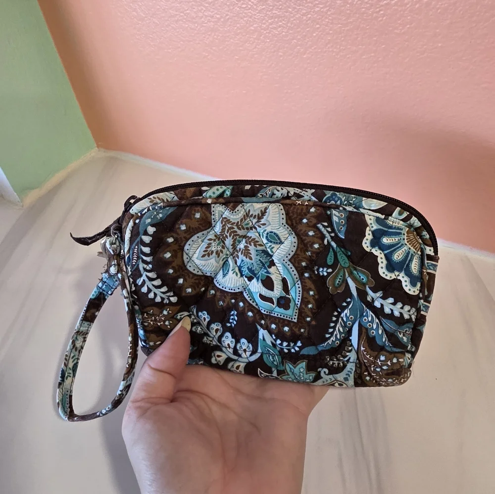 Vera Bradley Mini Bag Cosmetic Clutch Brown and Blue Paisley Floral Wristlet